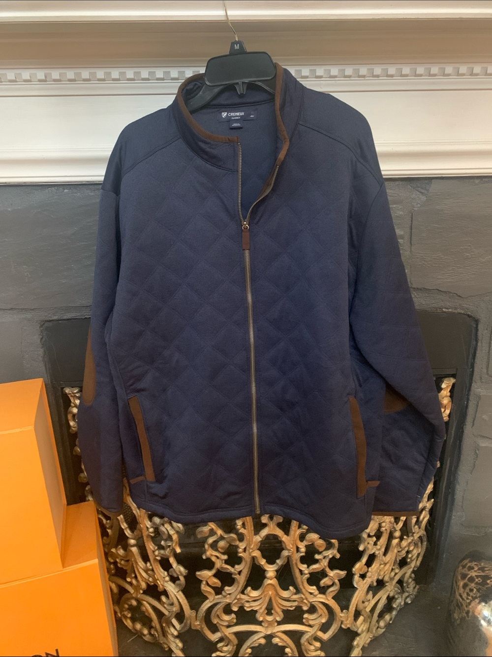 Daniel Cremieux Navy Quilted Zip-Up Sweater with Brown Trim